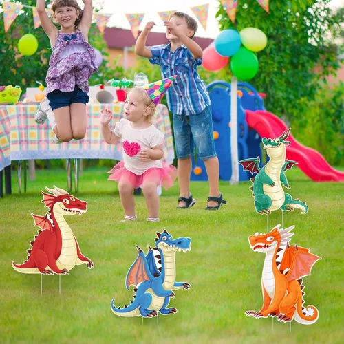 Vista 2 de 4 piezas de decoración de fiesta de dragón de dinosaurio, letrero de cumpleaños para patio, decoración de jardín al aire libre, suministros