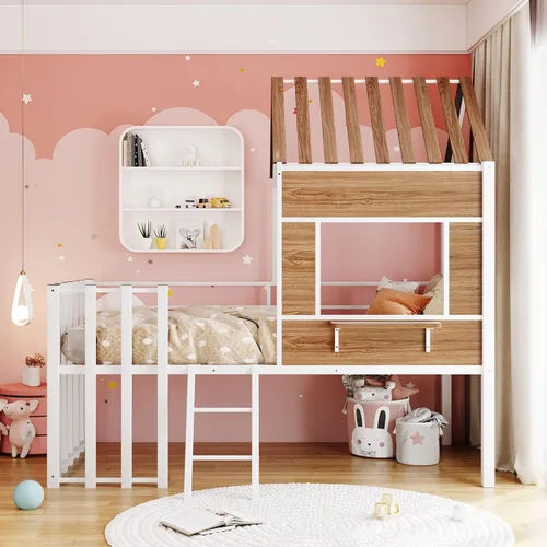 Vista 10 de Harper & Bright Designs Junoir - Cama tipo loft de metal tamaño individual para niños, cama baja con techo y escalera, cama tipo loft individual