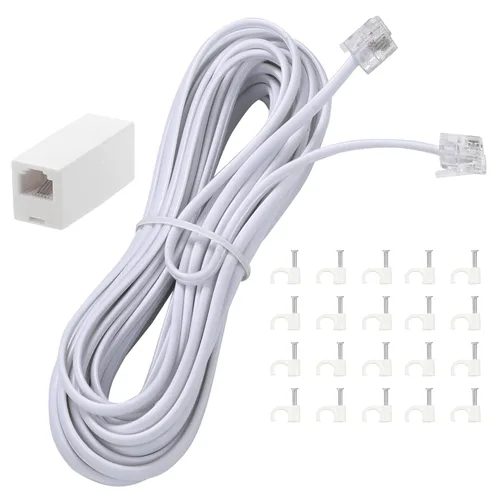 Vista 12 de Cable de extensión de teléfono de 15 pies, cable de línea telefónica con conector RJ11 estándar y 1 acoplador de línea y 15 soportes de clip