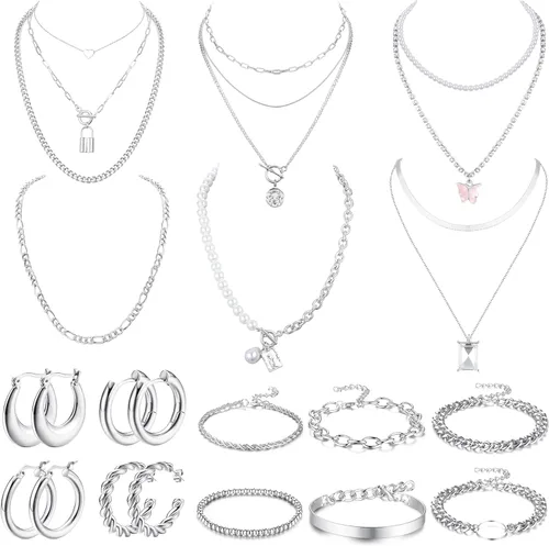 UBGICIG 16 Pcs Silver Gold Jewelry Set for Women Gold Accessories for Women Bracelet Necklace and Earring Sets Multilayer Stackable 90s Jewelry Set