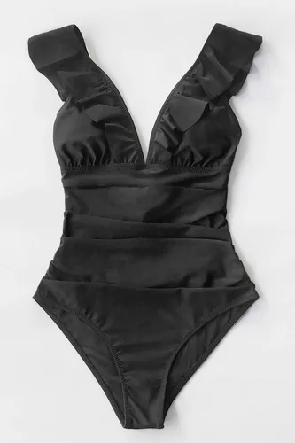 Vista 3 de CUPSHE Traje de baño de una pieza con volantes y cuello en V para mujer, con cordón
