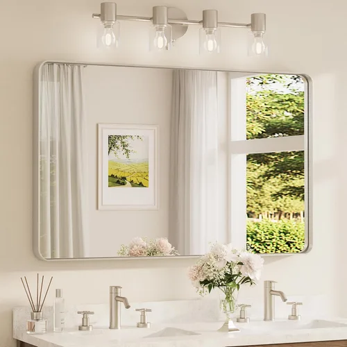 Vista 88 de TETOTE Espejo de marco dorado cepillado de 16 x 24 pulgadas, espejo de tocador de baño de latón dorado para pared, espejo enmarcado rectangular