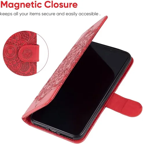 Vista 6 de Funda para iPhone XR, Apple XR Wallet Case con protector de pantalla de vidrio templado, mandala en relieve de cuero con tapa para tarjeta