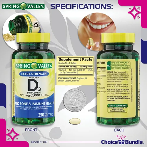 Vista 3 de Spring Valley - Cápsulas blandas de vitamina D3, 125 mcg, 5000 UI, 250 unidades más vitalidad de vitamina y píldoras (3 artículos)