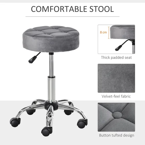 Vista 6 de HOMCOM Taburete redondo con elevación ajustable en altura, silla de tocador con tapicería de estilo de lujo, silla de oficina con asiento giratorio