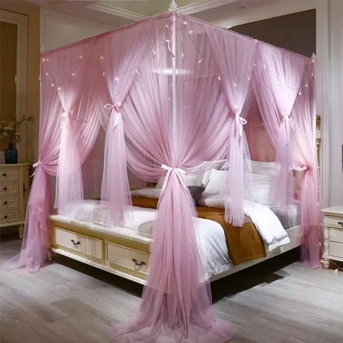 Vista 7 de VETHIN - Dosel de cama de 4 esquinas con diseño de princesa, cortina de cama de doble capa con diseño de red acogedora, mosquitero de 4 aberturas