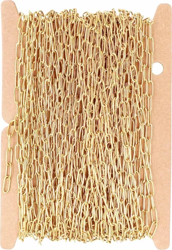 Vista 15 de THREENEST Cadenas de clip de papel de acero inoxidable de 16.4 pies de ancho y 2.5 mm, chapadas en oro real de 18 quilates, soldadas, cadena larga