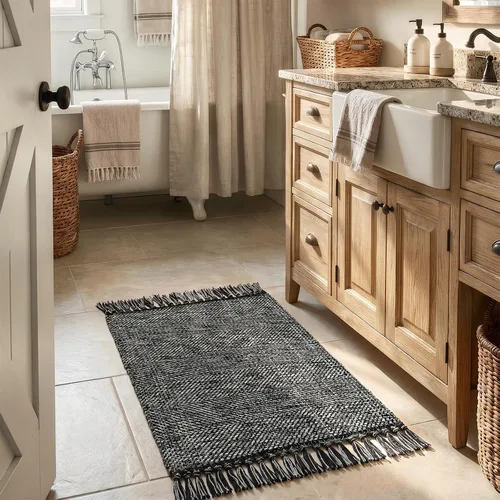 Alfombra de Baño Negra, 2' x 3' Tejida a Mano Lavable Alfombras Pequeñas de Cocina, Alfombra de Entrada Reversible de Algodón Alfombra Moderna de