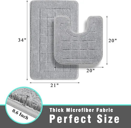Vista 3 de HEBE Juego de 2 alfombras de baño antideslizantes grises para baño, tapete de baño de microfibra para ducha y inodoro en forma de U, lavable a