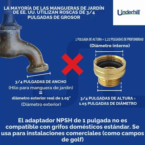 Vista 4 de Underhill Conector de manguera de jardín Accesorios de latón macizo Adaptador de manguera hembra a macho, rosca hembra de 1 pulgada x rosca