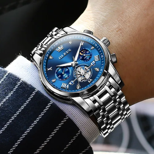 Vista 3 de OLEVS Relojes para hombre de plata, reloj de cronógrafo de acero inoxidable para hombre, reloj analógico de cuarzo de cara grande para hombre