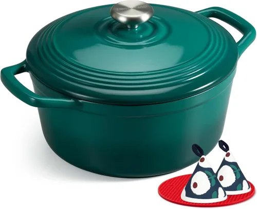Vista 28 de Overmont Horno holandés de hierro fundido esmaltado de 5.5 cuartos de galón con tapa y libro de cocina, cacerola resistente con asas dobles