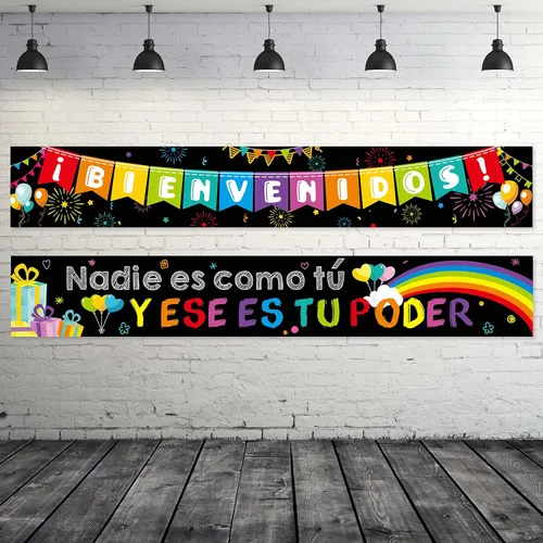 Blulu Cartel de bienvenida en español, cartel inspirador en español para el primer día de escuela, cartel motivacional con 40 puntos adhesivos para