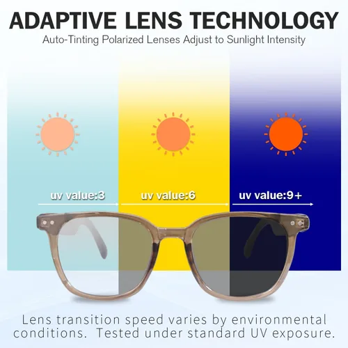 Vista 2 de Gafas inteligentes, gafas de sol polarizadas con lentes que cambian de color, resistente al agua IP65, control táctil, llamadas manos libres, marco