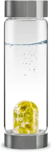 Vista 3 de VitaJuwel ViA ADORE - Botella de agua de cristal con piedra lunar, cuarzo rosa y cuarzo transparente para amor propio, compasión y crecimiento