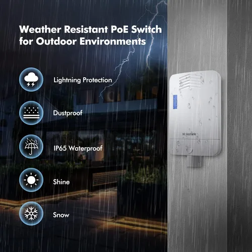 Vista 5 de MokerLink Interruptor PoE Gigabit de 6 puertos para exteriores, 4 Gigabit PoE, 2 Gigabit SFP, 65W IEEE802.3af/at, IP65 Interruptor de red Plug &