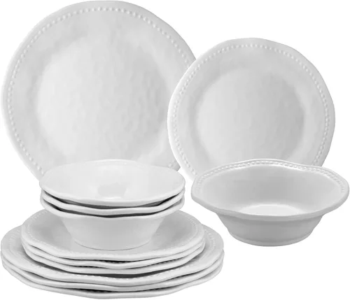 Supreme Housewares Juego de vajilla de melamina de 12 piezas, incluye platos llanos, platos de ensalada, cuencos, servicio para 4. (cuentas)