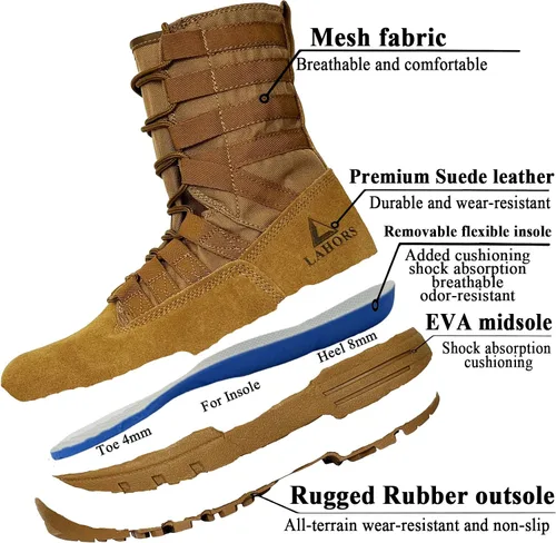 Vista 3 de Botas tácticas militares de combate ligeras para hombre. Botas de desierto al aire libre para senderismo, ejército, transpirables, con cremallera