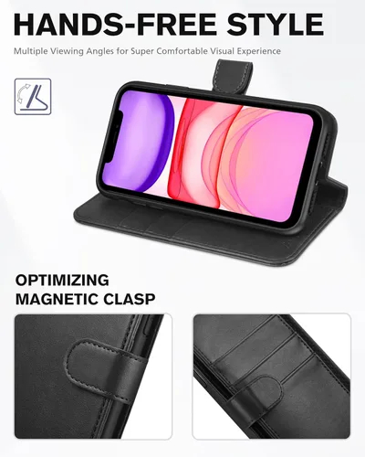 Vista 5 de TUCCH Funda para iPhone 11, funda tipo cartera para iPhone 11 con bloqueo RFID, ranuras para tarjetas, cierre magnético, piel sintética protectora