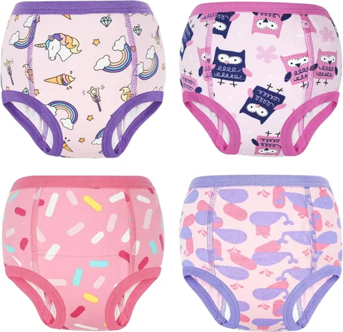 MooMoo Baby Ropa interior de algodón para entrenamiento para ir al baño, paquete de 4 pantalones de entrenamiento absorbentes para niños y niñas