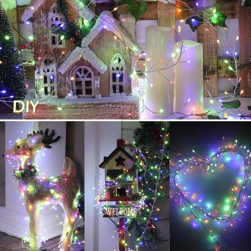 Vista 2 de Luces de hadas enchufables, 200 luces LED de luciérnaga tipo petardo de 10 pies con 8 modos, guirnalda de luces estrelladas en racimo de alambre
