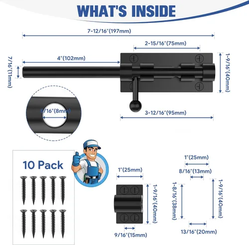 Vista 4 de Pestillo de cerrojo de barril, perno deslizante, herrajes para puerta, 7.8 pulgadas, resistente, acero inoxidable 304, para valla, madera, puerta