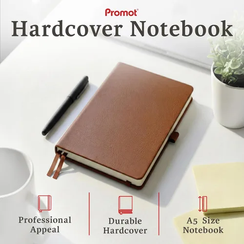Vista 2 de Promot Ruled Journal Notebook - A5 Brown 192 Lined Pages 8.2 x 5.5 Inch - Hardcover Leather Notebook for Writing - 100 GSM Thick Paper, PU Leather
