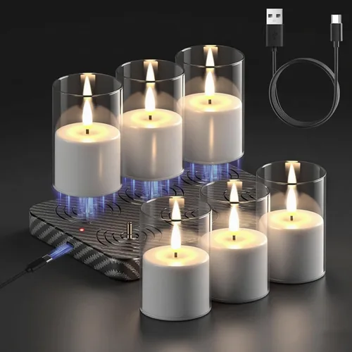 Vista 11 de GenSwin 12 velas de té recargables con base de carga y temporizador remoto, velas LED sin llama, funciona con pilas, para Halloween, otoño, mesa