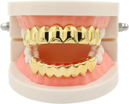 Vista 8 de JINAO parrillas dentales, 8dientes superiores y 8dientes inferiores, chapadas en oro de 18quilates, hip hop
