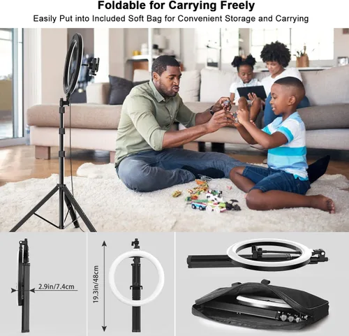 Vista 4 de Anillo de luz grande de 12 pulgadas con soporte y soporte para teléfono, soporte de trípode ajustable de 66 pulgadas con bolsa de transporte