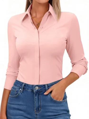 Vista 11 de Camisas con botones para mujer, ajustadas, de manga larga, elásticas, de vestir, camisa de trabajo, sin arrugas, blusa de oficina