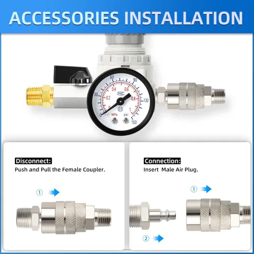 Vista 4 de Regulador de compresor de aire MEANLIN MEASURE de 1/2 pulgada NPT con manómetro, regulador de aire BR4000 de 0-150 PSI en línea para compresor