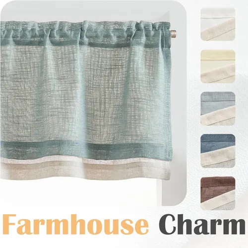 Vista 4 de jinchan Cenefa de lino para ventana de sala de estar de 16 pulgadas, cenefa de ventana de doble capa con filtro de luz, superposición rústica