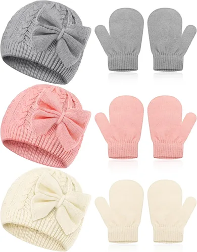 3 Set Toddler Hat Glove Set Kids Winter Hats Warm Knitted Beanie Mittens Gloves with Bow for Baby Girls and Boys 0-6Y