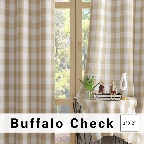 Vista 2 de UPOPO Cortinas de ventana Buffalo Check 122 cm de largo, cortinas de algodón para sala de estar, paneles de cortina a cuadros para dormitorio