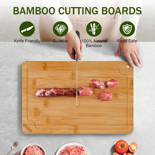 Vista 3 de Tablas de cortar de bambú para cocina, tabla de cortar de madera con ranuras para jugo y asas integradas, tabla de cortar grande, mediana y pequeña