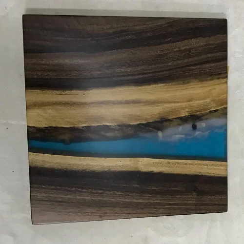Vista 19 de Mesa de epoxi transparente, mesa de sofá con forma cuadrada, mesa auxiliar de resina de madera, mesa de centro de madera con borde natural para sala