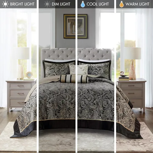 Vista 6 de Madison Park Aubrey - Juego de colcha acolchada reversible, reverso sólido de verano transpirable, capa de ropa de cama ligera para todas las Negro