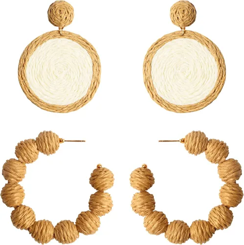 Rattan Earrings Handmade Raffia Hoop Earrings for Women Summer Straw Boho Dangle Geometric Earrings Statement Beach Accessory Jewelry