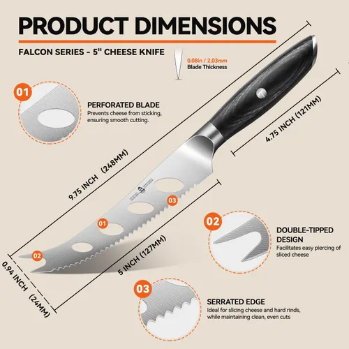 Vista 5 de TUO Cuchillo para cortar queso, cuchillo de tomate dentado de 5 pulgadas, con punta bifurcada y hoja antiadherente, acero alemán de alto carbono