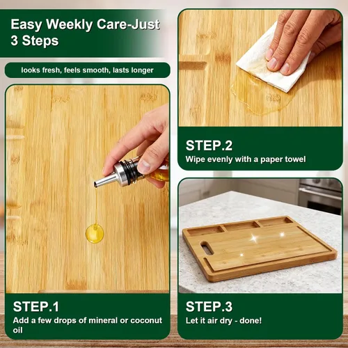 Vista 8 de Tablas de cortar para cocina – Tabla de cortar de bambú integrada con 3 compartimentos y ranuras para jugos – Bandeja de servir para carnes
