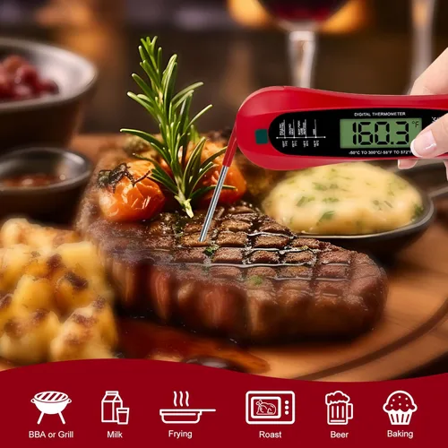 Vista 3 de Termómetro digital para carne de lectura instantánea para cocinar y hornear, termómetro de alimentos preciso para hornos y parrillas, color rojo