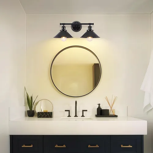 Vista 9 de Lámparas de baño, 2 luces, color negro mate, luces de tocador para baño, lámpara de tocador industrial rústica de 20 pulgadas, aplique de pared