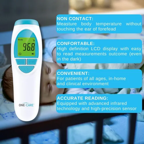 Vista 5 de ONE-CARE Termómetro infrarrojo HTD8818A – Sin contacto, termómetro Homedics, alta precisión, lectura rápida, temperatura corporal y ambiente, bebé