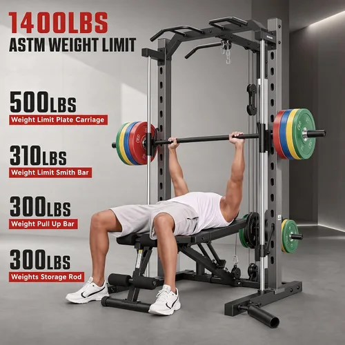 Vista 4 de OPPSDECOR All-in-One Adjustable Smith Machine with LAT-Pull Down System Gris