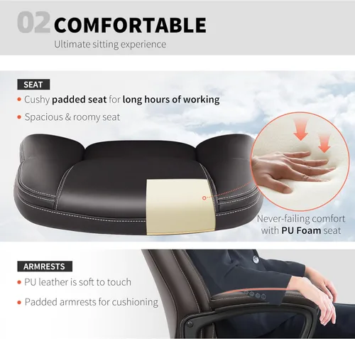 Vista 5 de HOMCOM Silla de oficina con respaldo alto, silla de escritorio ejecutiva de piel sintética, altura ajustable, cómodo soporte lumbar, ruedas