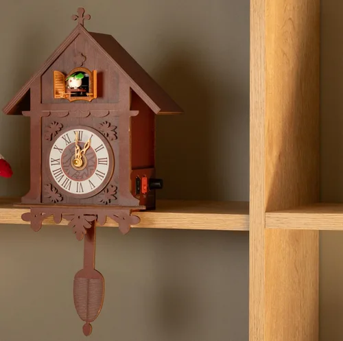 Vista 4 de Reloj de Cuco - Relojes de Cuco Modernos Marrones para Pared - Melodías Naturales - Control de Volumen - Modo Nocturno - Perfecto para Adultos