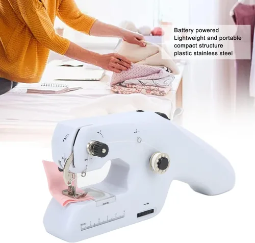 Vista 4 de Máquina de coser de mano, mini máquina de coser inalámbrica eléctrica portátil de doble línea con mango ergonómico, enchufe de EE. UU. 110-240V
