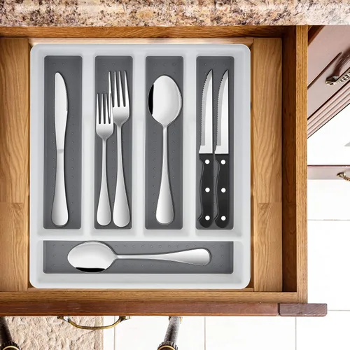 Vista 6 de E-far Juego de cubiertos de 24 piezas con bandeja organizadora y cuchillos para carne, cubiertos de acero inoxidable para 4, utensilios básicos