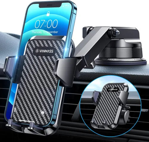 Vista 12 de VANMASS Soporte universal para teléfono para tablero de automóvil, soporte universal con ventosa, soporte para parabrisas de salpicadero, Negro